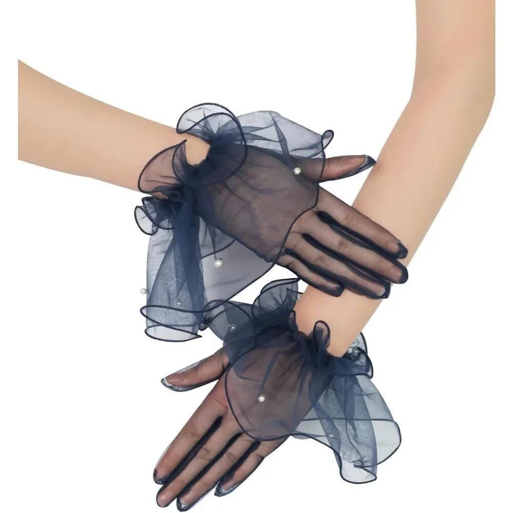 Women's Formal Evening Dark Navy Short Mesh Tulle Gloves Wedding Party Costume